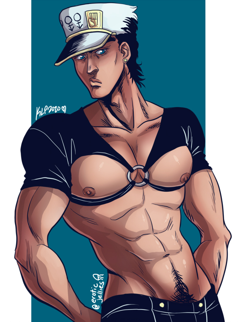 1boy artist_signature black_hair blue_eyes diamond_is_unbreakable dilf eroticjellies jojo&#039;s_bizarre_adventure jotaro_kujo male male_nipples male_only muscular_male pecs pubic_hair