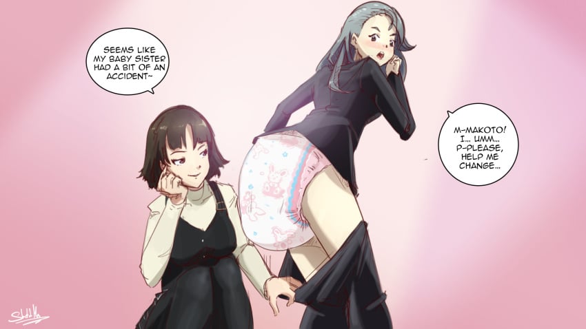 2girls blush diaper makoto_niijima multiple_girls pants_pulled_down persona persona_5 print_diaper sae_niijima sisters sketchmandl text