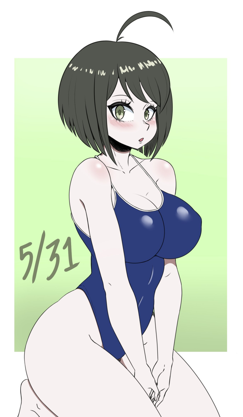 breasts cleavage danganronpa danganronpa_ultra_despair_girls female female_focus female_only large_breasts naegi_komaru nipple_bulge one-piece_swimsuit straight_hair swimsuit young_savage