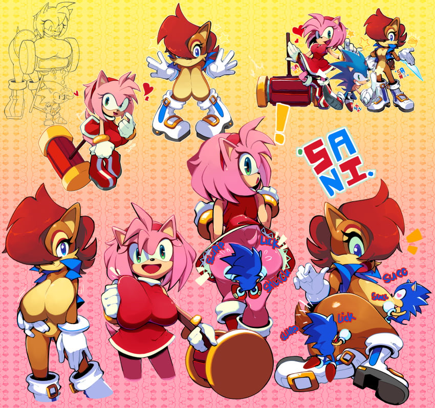 2022 absurd_res accessory amy_rose anal anthro archie_comics ass big_breasts blue_body blue_eyes blue_fur boots bottomless breast_play breast_sucking breasts brown_body brown_fur chipmunk clothed clothing english_text eulipotyphlan exclamation_point exposed_torso female footwear fur genitals green_eyes ground_squirrel group hair hair_accessory hairband hammer handwear heart hedgehog hi_res huge_breasts humanoid looking_at_another looking_at_partner looking_at_viewer male male/female mammal micro onomatopoeia open_mouth open_smile oral outerwear pink_body pink_fur pink_hair pussy red_hair rimming rodent sally_acorn sanikink_(artist) sciurid sega sex simple_background size_difference smile sonic_(series) sonic_the_hedgehog sonic_the_hedgehog_(archie) sonic_the_hedgehog_(comics) sonic_the_hedgehog_(series) sound_effects sucking text tools topless trio video_games