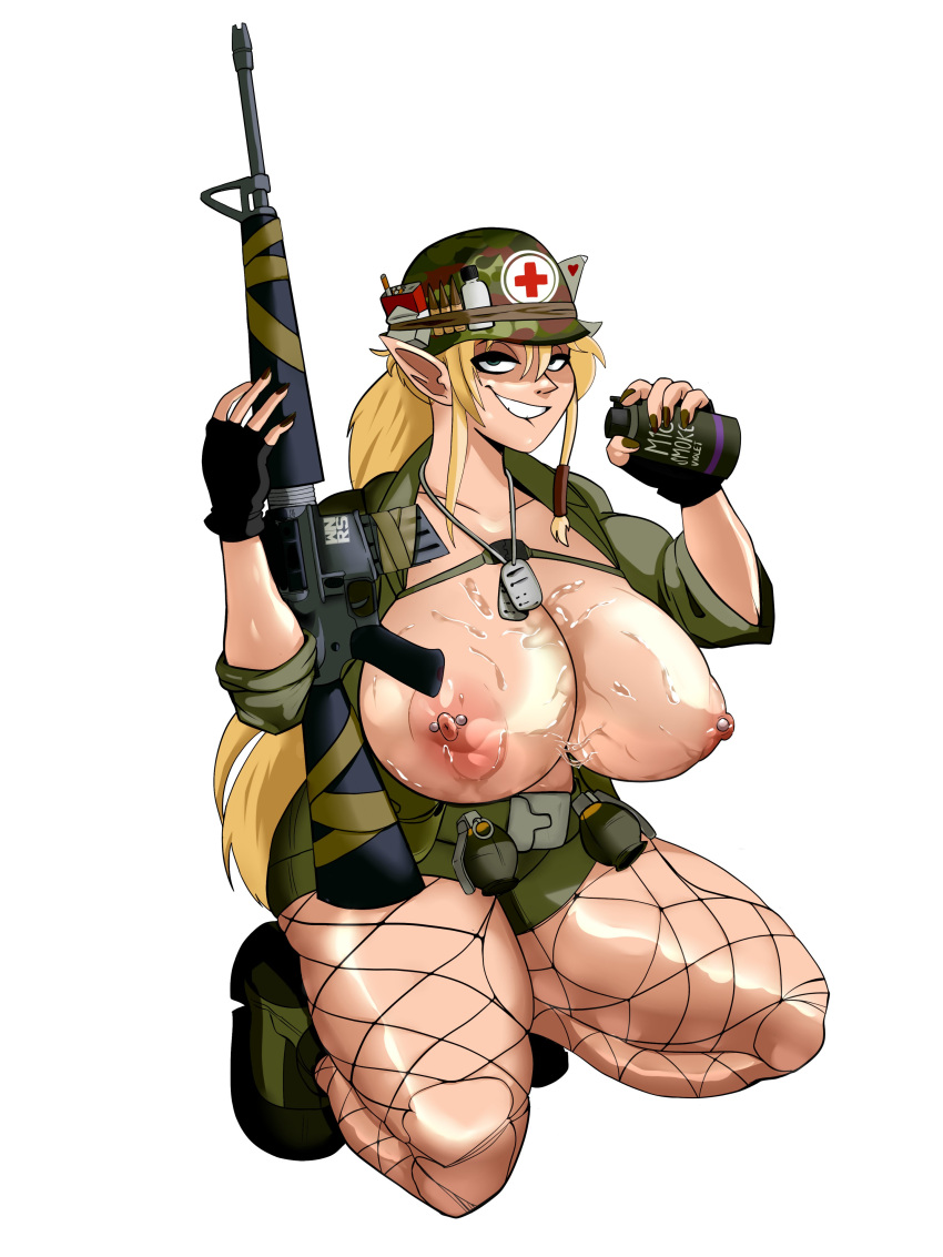 1girls bedroom_eyes big_breasts biting_lip blonde_hair boots breasts busty clothing commission dog_tags elf female female_only fishnet_legwear fishnets grenade gun half-closed_eyes huge_breasts large_breasts looking_at_viewer nipple_piercing nipples open_shirt original original_character piercing pointy_ears reby_(waifusnraifus) rifle scarstuff shoes shorts smile smoke_grenade soldier solo squatting sweat thick_thighs weapon