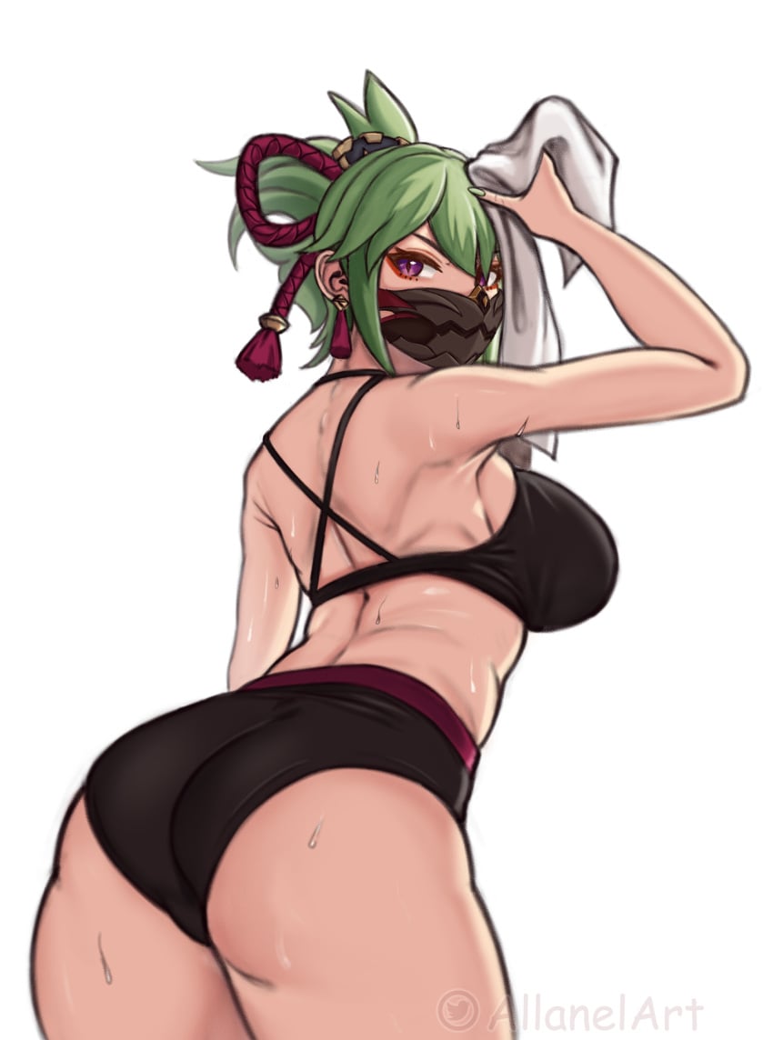 1girls 2022 allanel ass back_view drying female female_only genshin_impact green_hair hi_res kuki_shinobu looking_at_viewer looking_back mask purple_eyes slit_pupils solo solo_female sweat thick_thighs tied_hair topwear towel underwear white_background