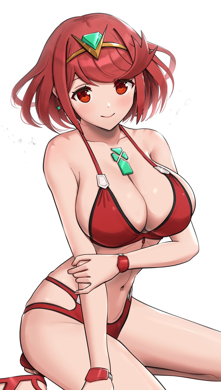 1girls 2022 bangs big_breasts bikini blush breasts cleavage clothed female female_focus female_only gonzarez hi_res hips huge_breasts kneeling looking_at_viewer nintendo pyra red_bikini red_eyes red_hair short_hair simple_background slim_waist smile swept_bangs swimsuit thighs white_background xenoblade_(series) xenoblade_chronicles_2