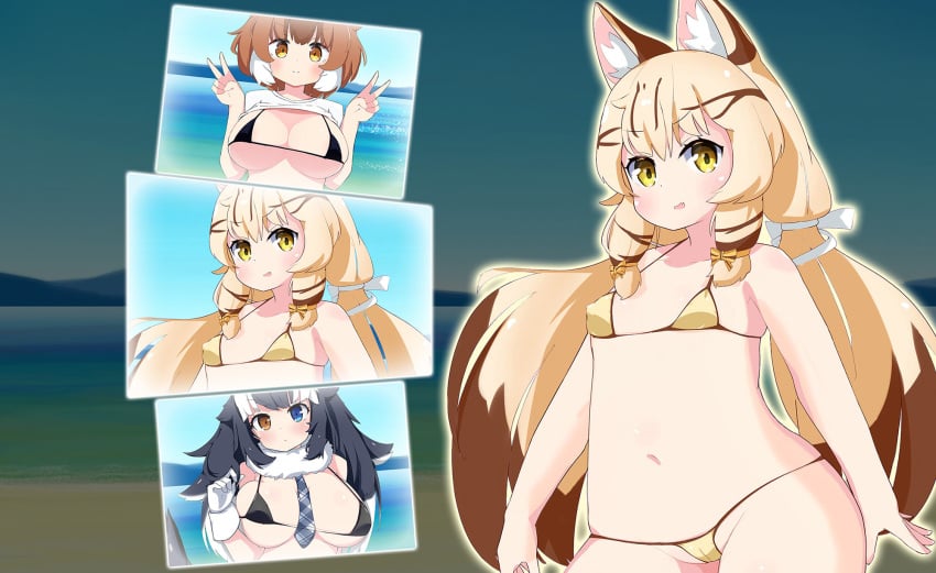 beach big_breasts bikini black_hair blonde_hair blue_eyes brown_hair cameltoe cat_ears cat_tail catgirl dhole_(kemono_friends) dog_ears dog_tail erect_nipples_under_clothes flat_chest flat_chested geoffroy's_cat_(kemono_friends) grey_wolf_(kemono_friends) hair_ornament hair_ribbon heterochromia kemono_friends large_breasts micro_bikini mihihusuzu necktie nipples_visible_through_clothing ocean orange_eyes small_breasts swimsuit third-party_edit twintails wolf_ears wolf_tail yellow_eyes