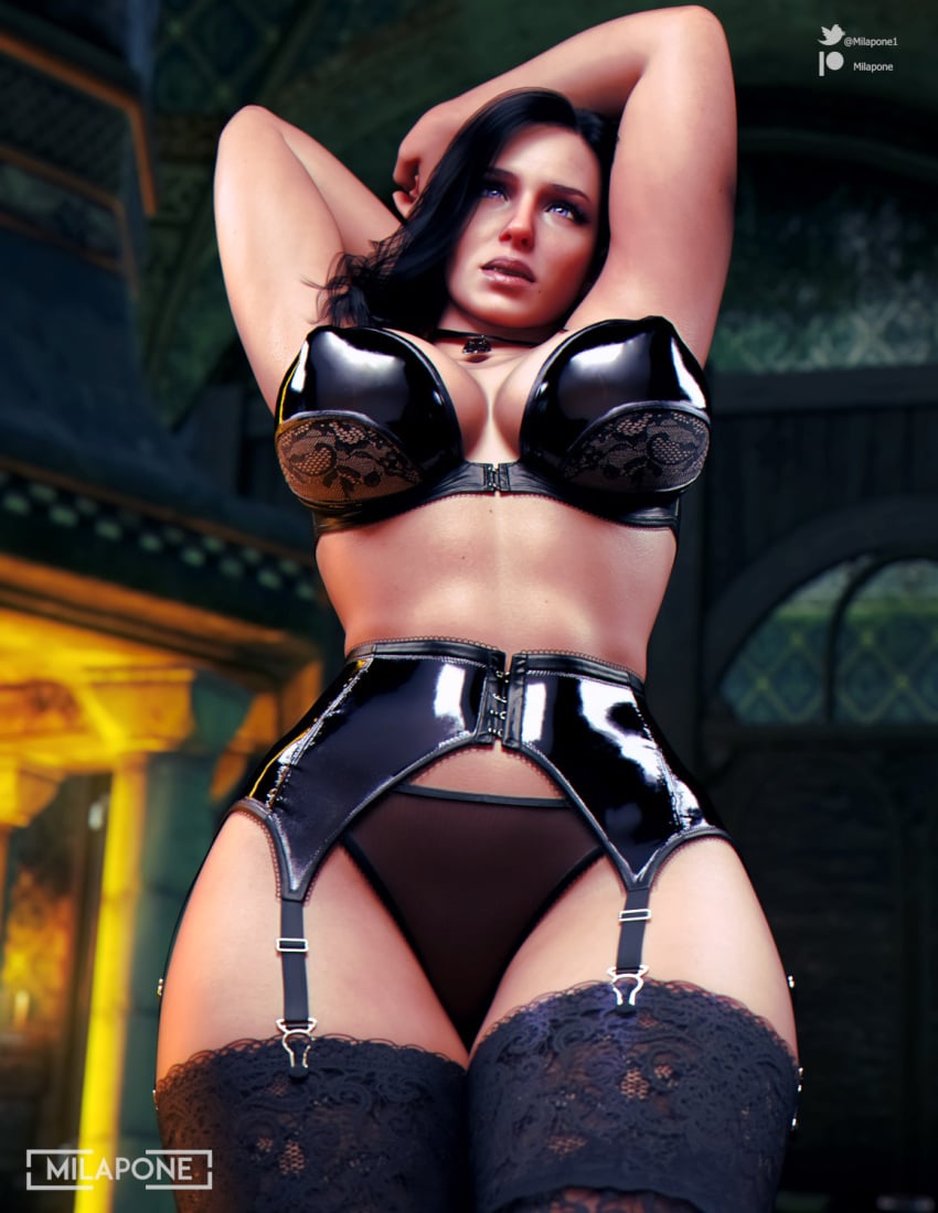 1girls 3d arms_up big_ass big_breasts black_bra black_garter_belt black_garter_straps black_hair black_lingerie black_panties black_stockings bra female female_only from_below latex_bra latex_garter_belt lingerie milapone nipple_bulge panties solo solo_female stockings the_witcher_(series) the_witcher_3:_wild_hunt thick_thighs yennefer