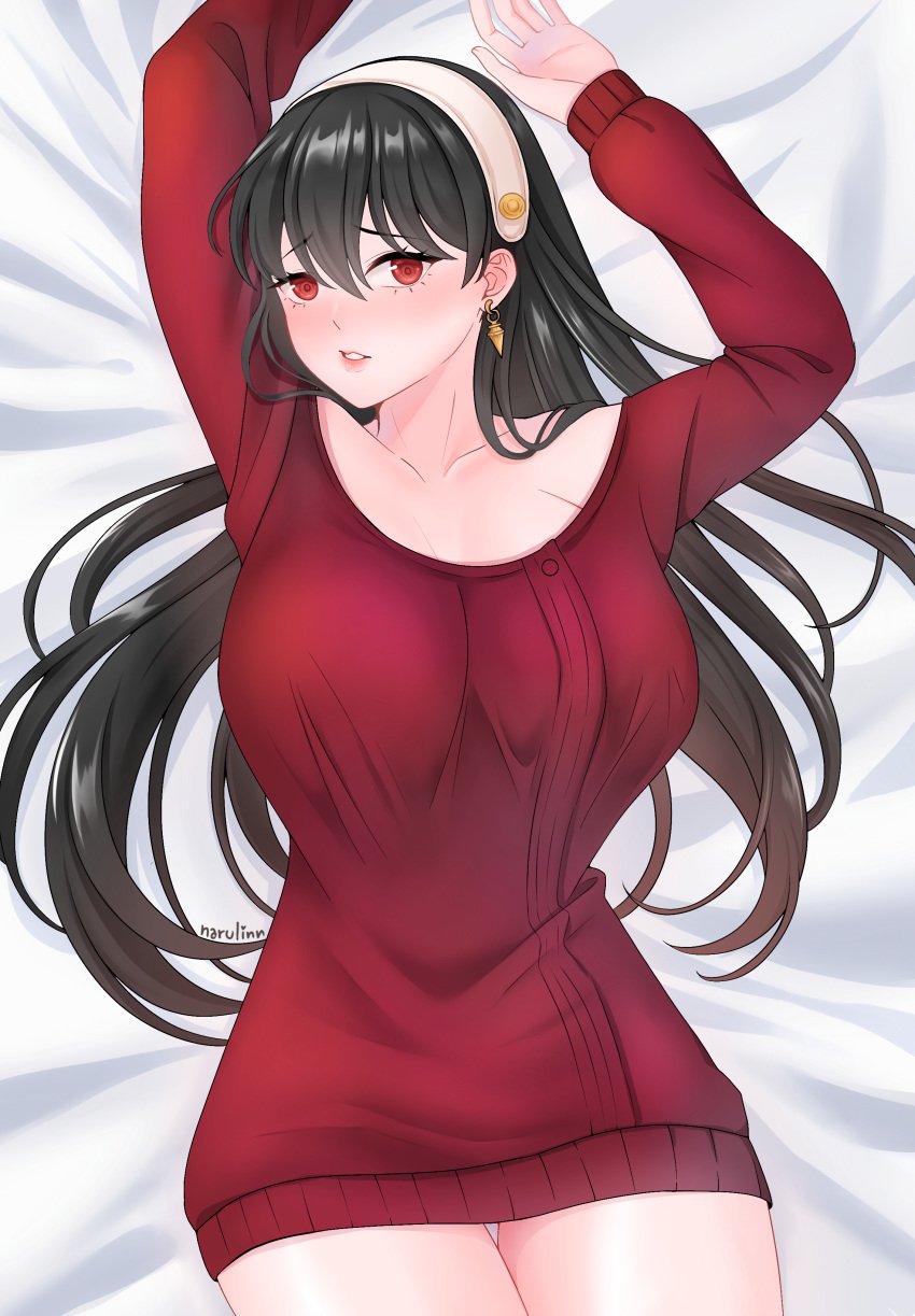 1girls bangs black_hair blush breasts dakimakura ear_ring female female_focus headband large_breasts long_hair looking_at_viewer narulinn parted_lips red_eyes red_sweater spy_x_family thighs yor_briar