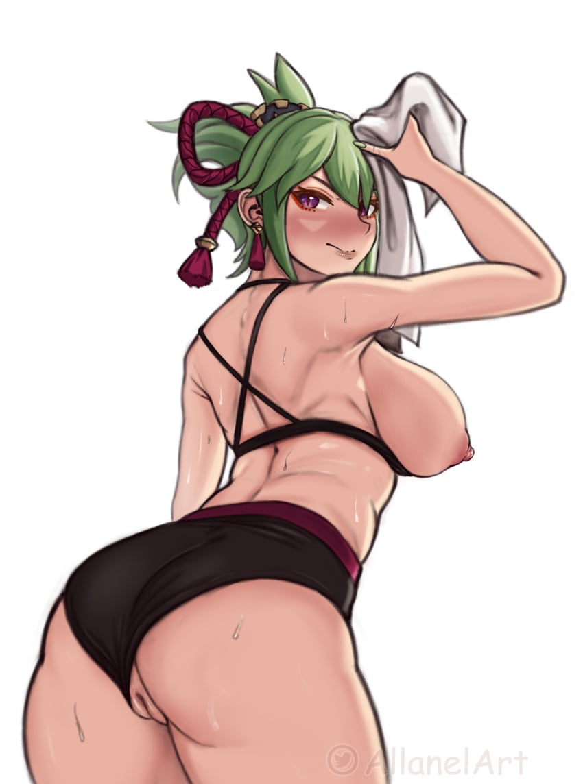 1girls 2022 allanel areolae ass back_view blush breasts breasts_out drying female female_only genshin_impact green_hair hi_res kuki_shinobu looking_at_viewer looking_back nipples purple_eyes pussy slit_pupils solo solo_female sweat thick_thighs tied_hair topwear towel underwear underwear_aside white_background