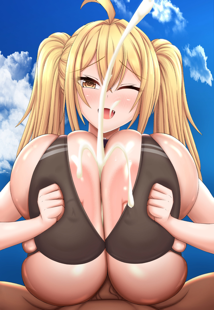 1boy 1girls 2022 after_paizuri ahoge bikini_top breasts clothed_paizuri cum cum_between_breasts cumshot cute_fang engulfing_paizuri female gold_eyes haks huge_breasts interracial light-skinned_female light_skin looking_at_viewer male male_pov mameneko massive_breasts oc original original_character paizuri pov saaya_(kirome) smile titjob twintails virtual_youtuber wink