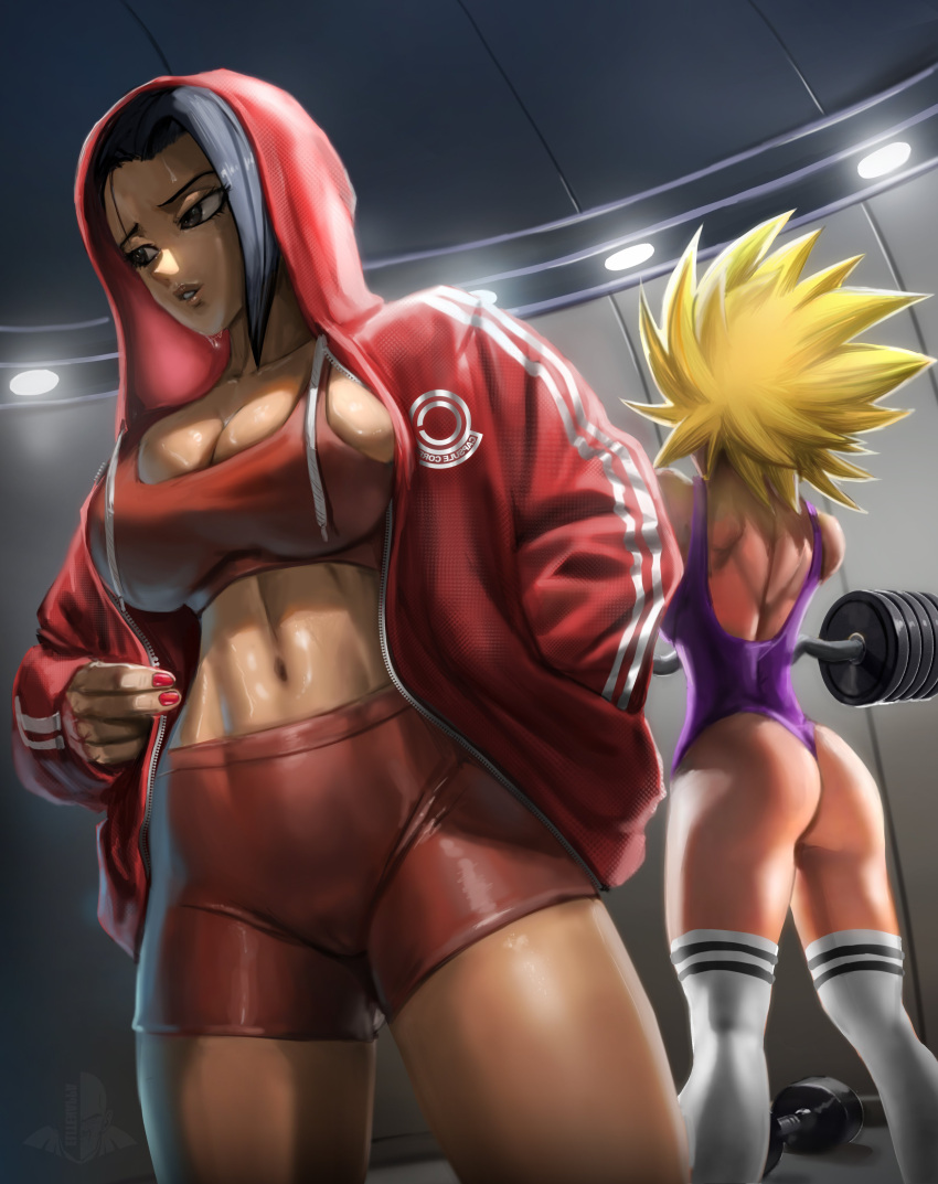 2girls ass big_ass big_breasts black_hair blonde_hair breasts cameltoe caulifla cleavage clothing dat_ass dragon_ball dragon_ball_super drip elitenappa female female_only female_saiyan jacket kale large_ass large_breasts leotard saiyan shorts socks sports_bra super_saiyan super_saiyan_2 sweat thick_thighs thighhighs universe_6 universe_6/universe_7 weightlifting weights wide_hips workout workout_clothes