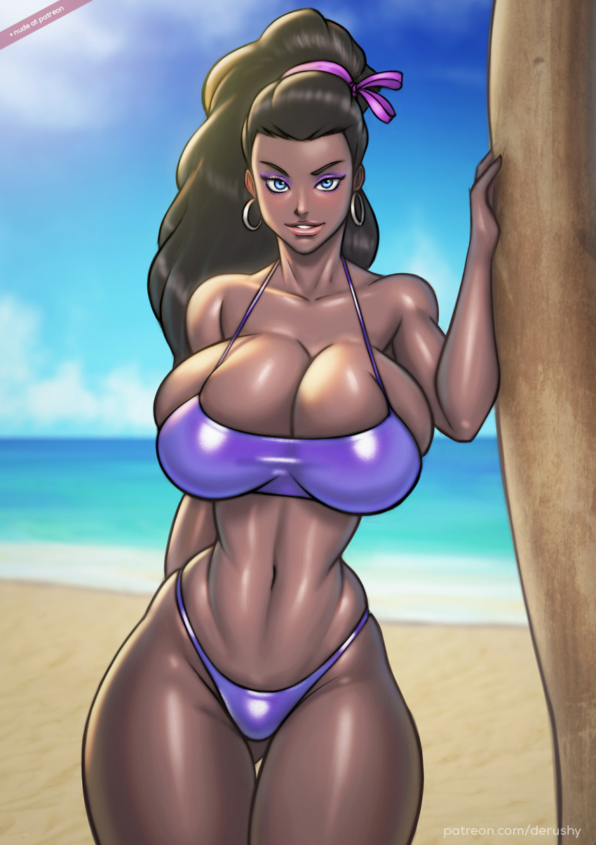 1girls beach bikini blue_eyes cleavage dark-skinned_female derushy huge_breasts looking_at_viewer luna_taylor original original_character seaside