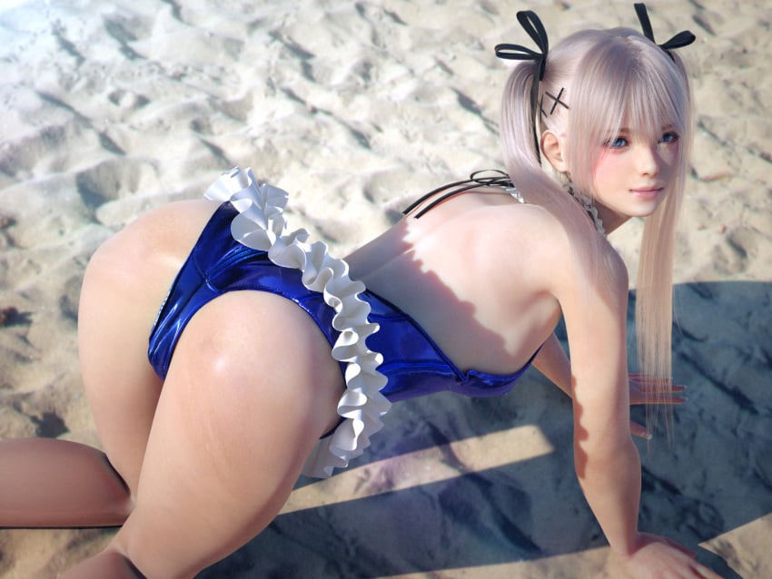 1girls 3d all_fours ass bare_shoulders beach bellmav blonde_hair blue_eyes cameltoe clothed clothing dead_or_alive dead_or_alive_5 female female_only frilled_leotard frills hair_ornament hair_ribbon leotard light-skinned_female long_hair looking_at_viewer m-rs marie_rose marie_rose_(devilish_servant_against_the_splashing_waves) pale-skinned_female petite platinum_blonde_hair shadow solo summer teenage_girl teenager twintails x_hair_ornament