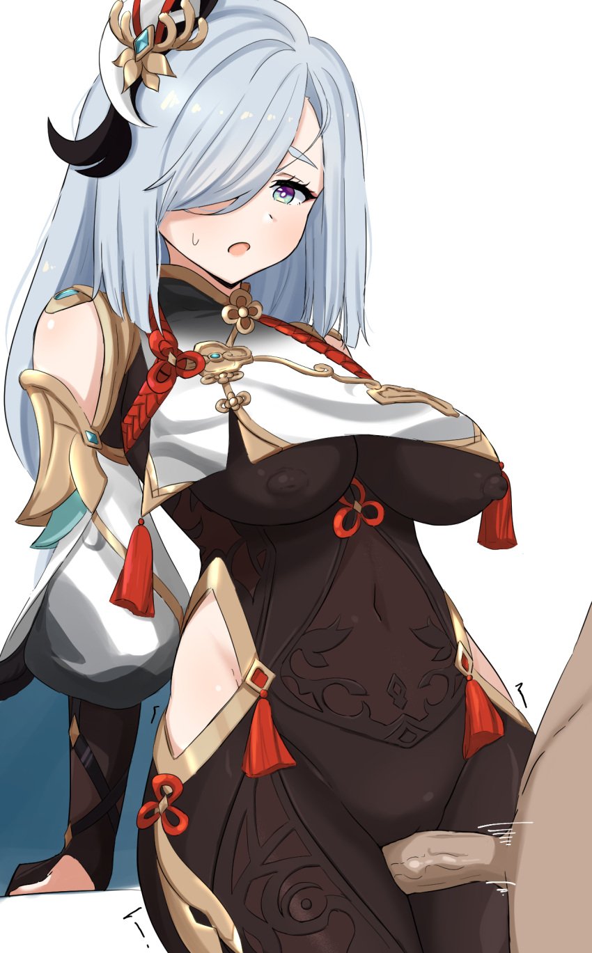 1boy bangs bar_censor black_bodysuit blush bodysuit breast_curtain breasts bridal_gauntlets censored clothed_sex covered_navel covered_nipples donutman female genshin_impact gloves gold_trim grey_hair grinding hair_ornament hair_over_one_eye highres hip_vent large_breasts legs_together long_hair looking_at_another nipples one_eye_covered open_mouth paid_reward_available partially_fingerless_gloves penis see-through shenhe_(genshin_impact) standing sweatdrop thigh_sex thighs twitching white_background