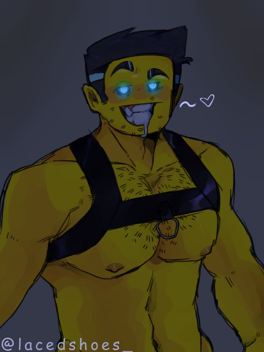 chest_hair dimly_lit drooling facial_hair glowing_eyes harness male_only mayor_(monkie_kid) muscular shirtless slightly_muscular smiling torso_shot yellow_skin