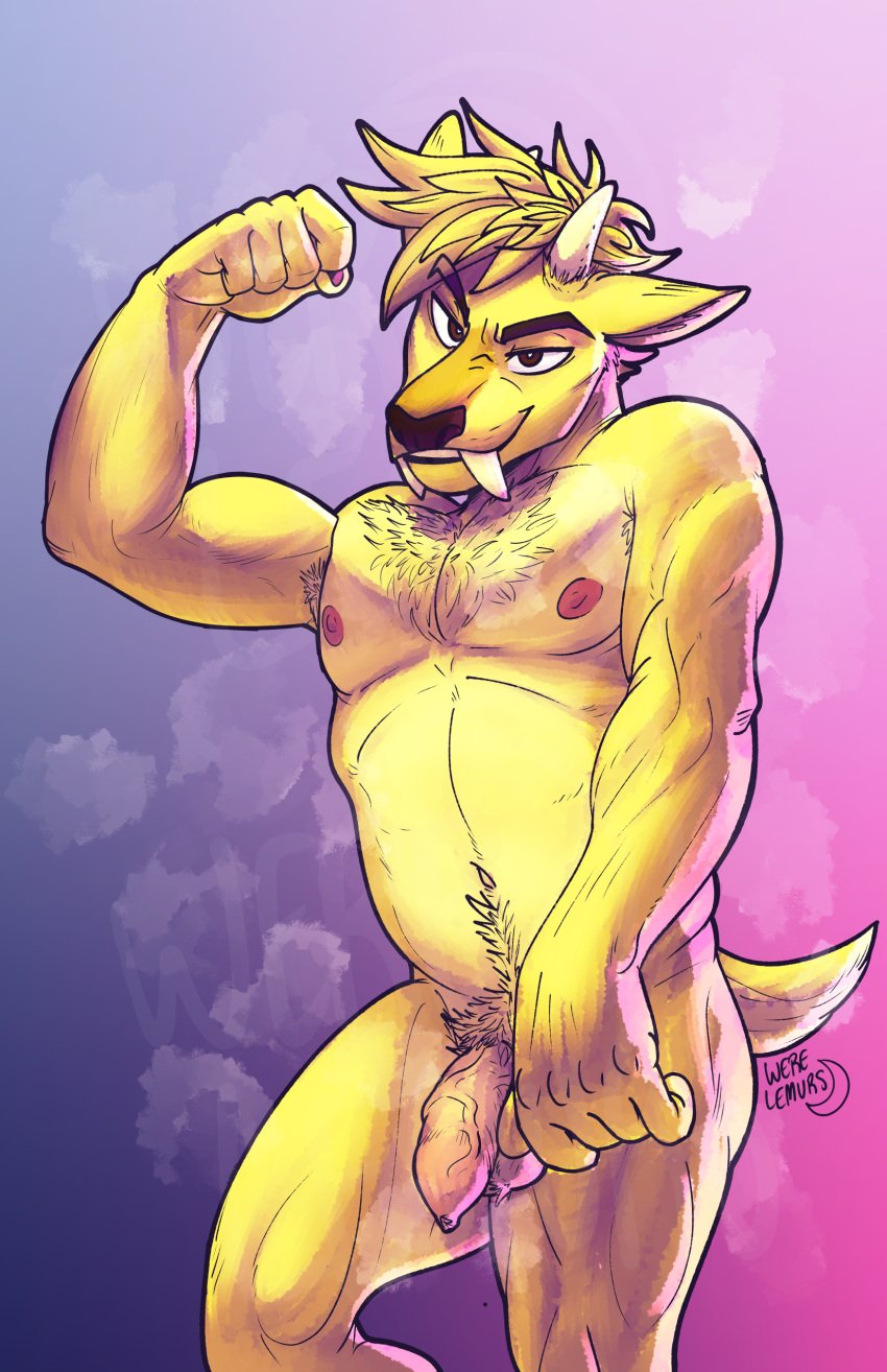 absurd_res anthro body_hair cervid cervine dj_strap fangs flaccid flexing_bicep foreskin fur genitals happy_trail hi_res horn male mammal muntjac nude penis solo steam watermark werelemurs yellow_body yellow_fur