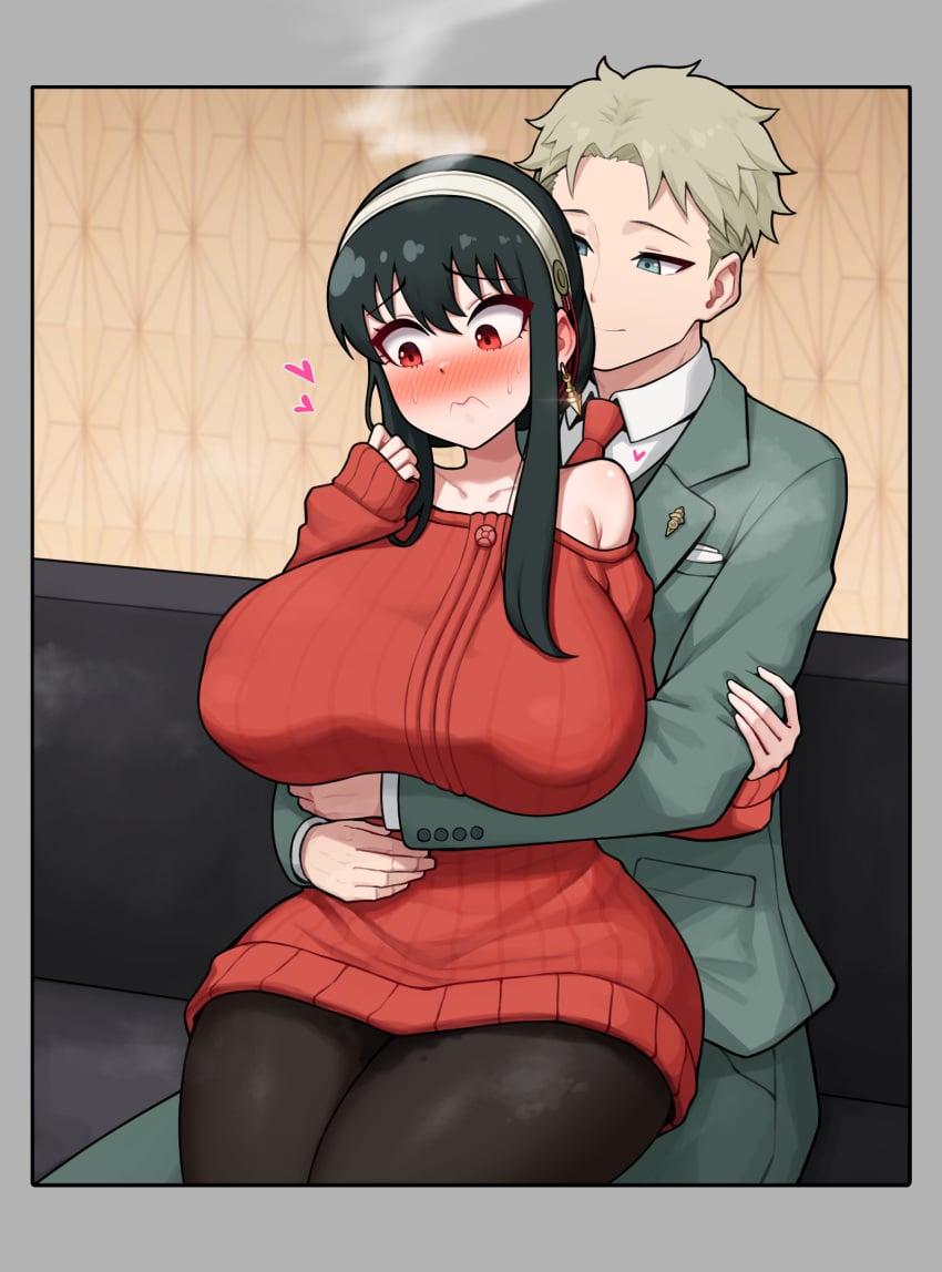 1boy 1girls absurd_res aroused bare_shoulders bent_knees black_hair black_legwear blonde_hair blush breast_rest breasts clavicle closed_eyes clothing cute earrings embarrassed embracing female female_human flustered half-closed_eyes happy heart hi_res hourglass_figure hug huge_breasts human human_male husband_and_wife jewelry large_breasts legwear light-skinned_female loid_forger long_hair long_sleeves male mature_female mature_male off-shoulder_sweater off_shoulder pale-skinned_female pantyhose pillow poper red_eyes red_sweater romantic sitting slim_waist spy_x_family straight sweatdrop sweater thick_thighs thighs twilight_(spy_x_family) twiyor wholesome wide_hips yor_briar yor_forger