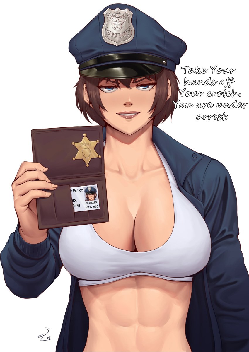 1girls 69_(number) abs arrest big_breasts dialogue id_card looking_at_viewer muscular_female original police police_uniform policewoman speedl00ver