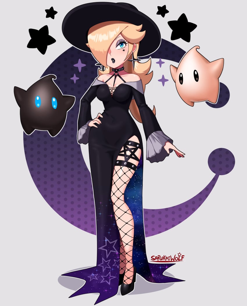 1girls alternate_costume big_breasts black_high_heels black_lipstick black_nails breasts female fishnet_stockings fishnets goth goth_girl high_heels looking_at_viewer luma mario_(series) nail_polish polari princess_rosalina sarukaiwolf solo super_mario_galaxy tagme