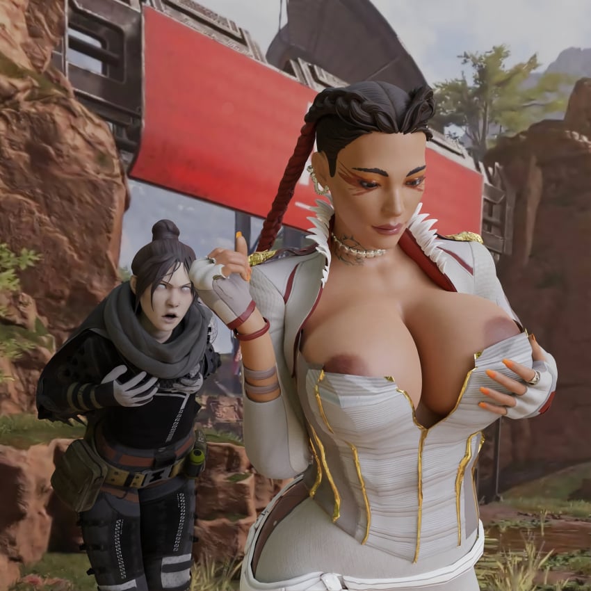 2girls 3d angry angry_face apex_legends areola_slip artist_request attribute_theft big_breasts breast_comparison breast_expansion breast_grab breast_size_difference breasts breasts_exposed breasts_out breasts_shrinking dark_areola female female_focus female_only growth haptick huge_breasts loba loba_(apex_legends) loba_andrade multiple_girls sfm size_comparison size_difference wraith_(apex_legends)