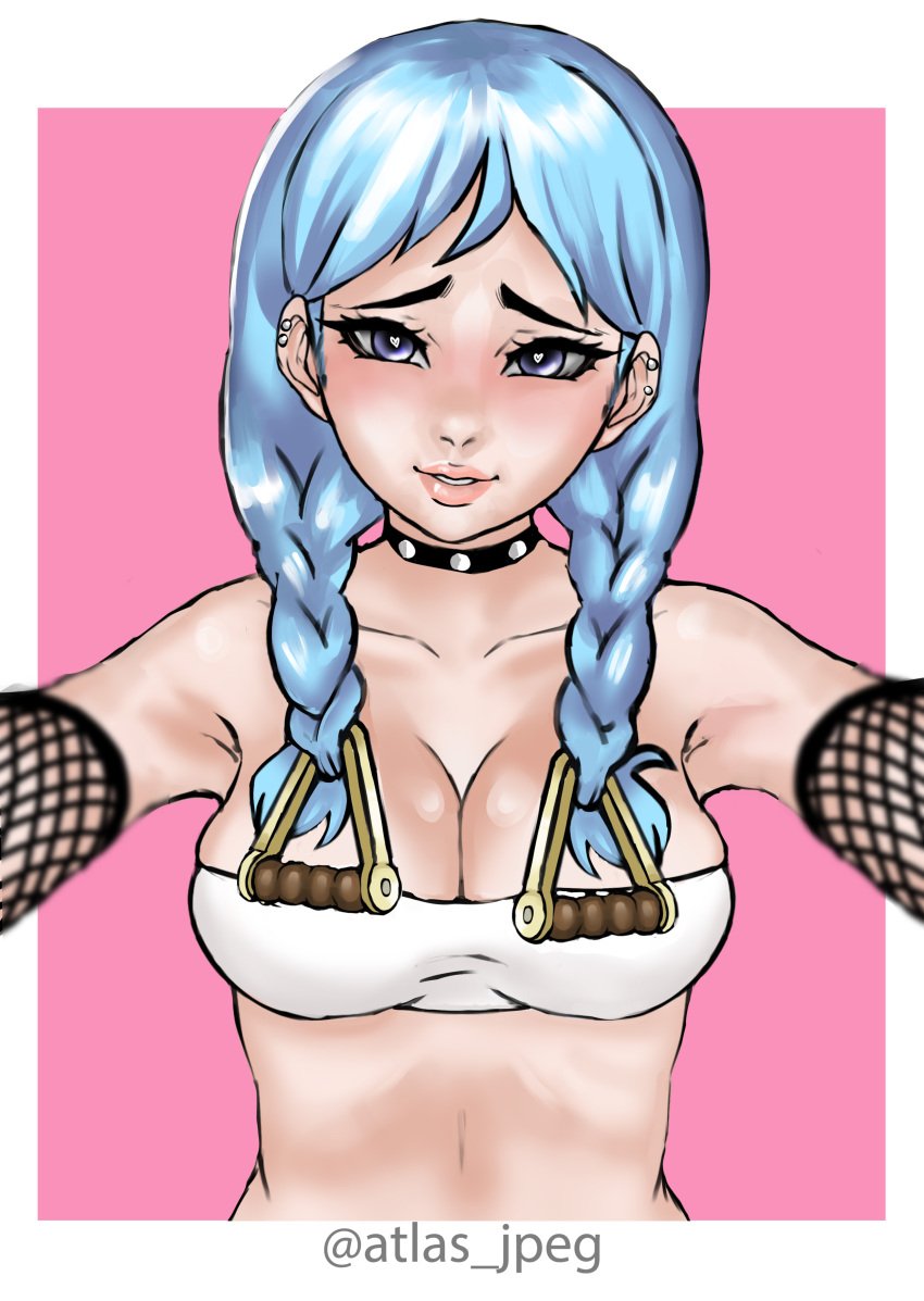 akairiot atlas_jpeg blue_eyes blue_hair braids collar fishnet_armwear heart-shaped_pupils iru_may_(akairiot) oc original piercings present smile topwear