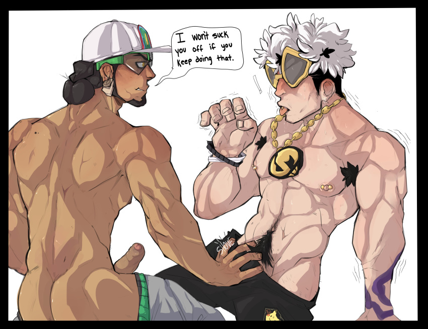 erection_under_clothes guzma_(pokemon) happy_trail kukui_(pokemon) male_only pierced_nipples pierced_tongue piercing piercings pokemon pokemon_sm suggestive_gesture uncircumcised