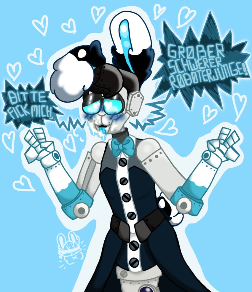 1boy begging_for_sex black_and_white_fur blue_eyes blue_gloves blush blushing_profusely bowtie bowtie_collar bunny bunny_ears bunny_nose bunny_tail bunnysuit buttons clothed crossdressing cum_on_face femboy german_text heart-shaped_pupils hearts_around_text hearts_on_backround horny medic_robot metallic_body no_legs no_visible_genitalia robot robot_humanoid simple_background submissive text_bubble unknown_artist