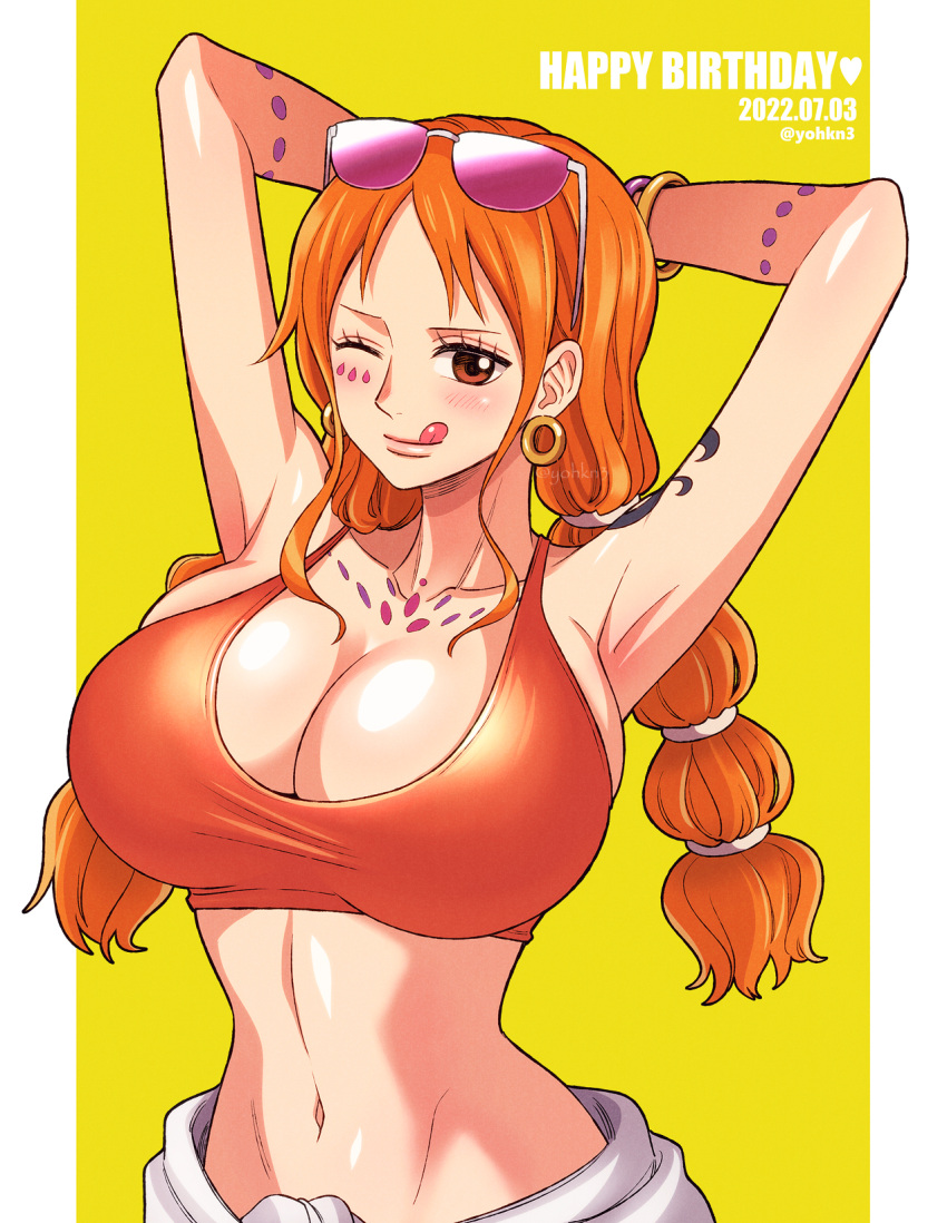 1girls belly_button big_breasts braided_hair breasts crop_top earrings female female_only hands_behind_head huge_breasts large_breasts licking_lips light-skinned_female light_skin long_hair looking_at_viewer nami navel one_piece one_piece_film_red orange_hair post-timeskip slim slim_body solo sunglasses sunglasses_on_head tattoo top_heavy upper_body wink winking winking_at_viewer yohkn3