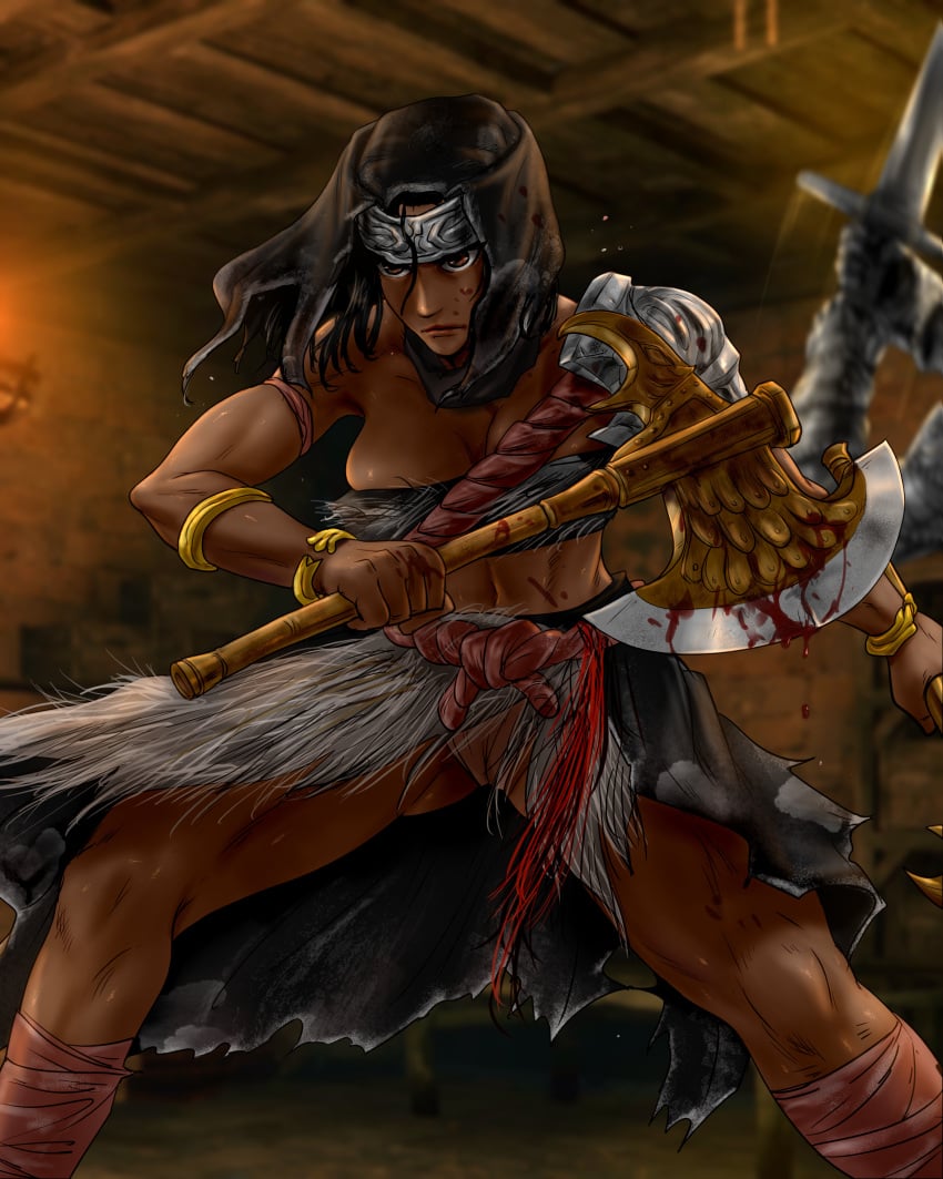 1girls abs athletic_female ayaswan dark-skinned_female elden_ring female female_only fromsoftware imminent_death imminent_rape muscular_female nepheli_loux solo sword thick_thighs warrior weapon