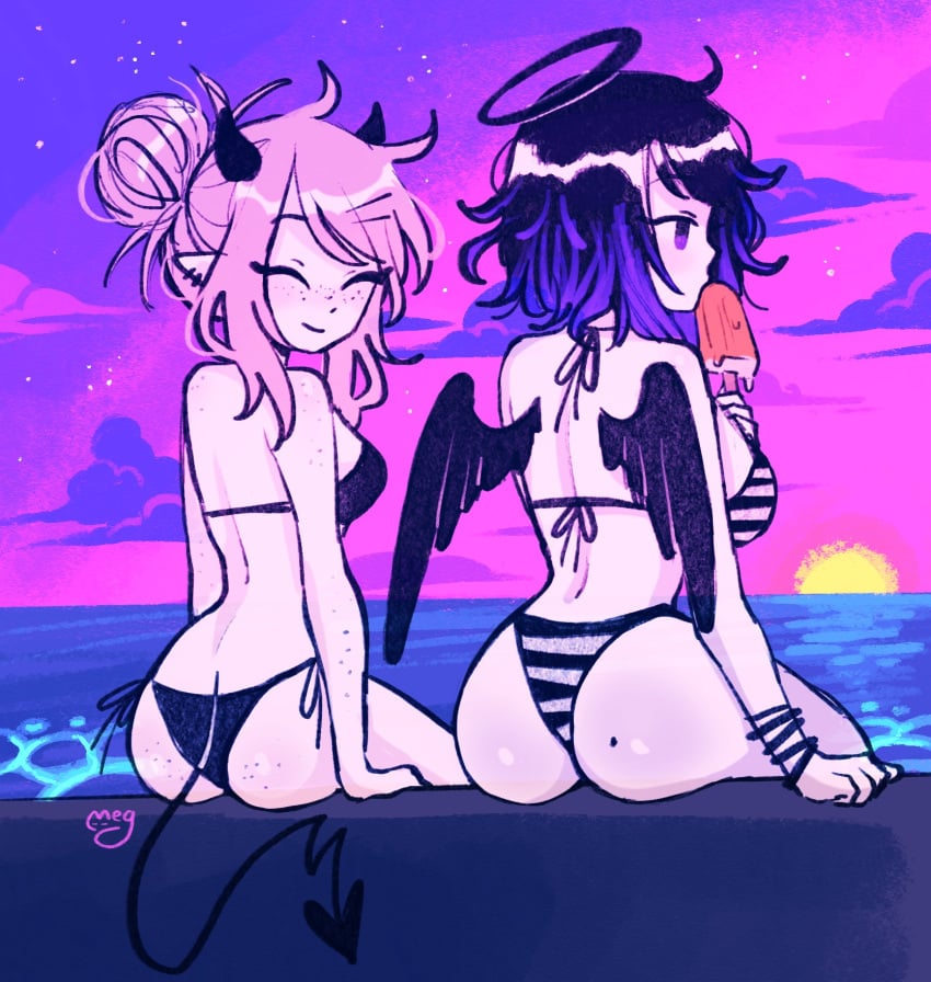 2girls angel ass back_view bikini black_hair closed_eyes demon female female_only freckles halo ice_cream june_(megrocks) kaina_(megrocks) megrocks mob_face ocean original original_character pink_hair purple_eyes purple_hair smile striped_bikini succubus succubus_horns succubus_tail swimsuit tied_hair two_tone_hair wings