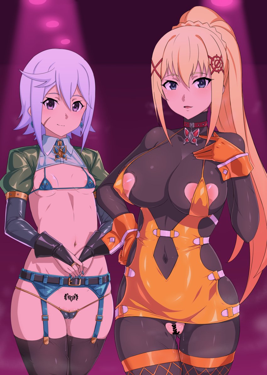 2girls blue_nails breasts brooch cameltoe censored chris_(konosuba) collar covered_nipples crotchless darkness_(konosuba) earrings fishnets gloves gozaru heart_censor huge_breasts kono_subarashii_sekai_ni_shukufuku_wo! large_breasts latex lowleg lowleg_panties nail_polish prostitution pubic_tattoo pussy_juice revealing_clothes small_breasts tattoo thick_thighs