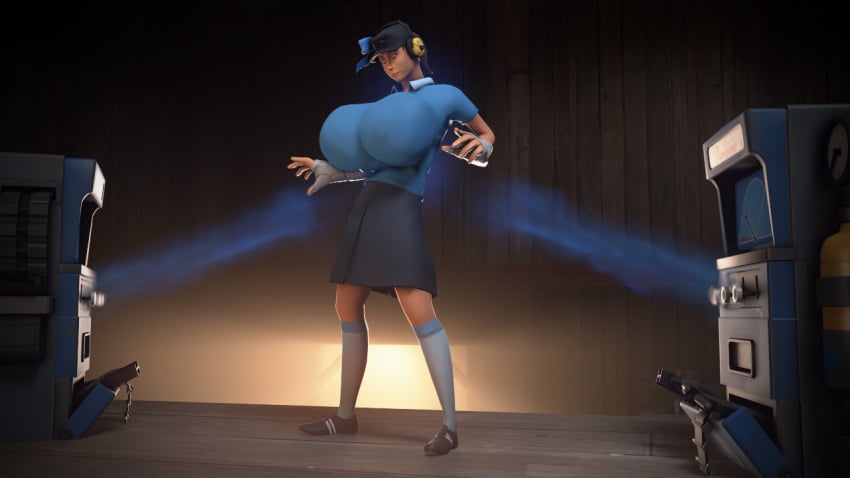 1girls 3d alternate_breast_size baseball_cap big_breasts blue_eyes bow breast_expansion breast_grab breast_growth breast_hold breasts breasts_bigger_than_head brown_hair cleavage clothed clothes clothing dark_hair dispenser dispenser_(team_fortress_2) erect_nipples eyelashes female female_only femscout gigantic_breasts hair_ornament hair_ribbons hand_on_breast hat headphones holding holding_breast huge_breasts human hyper hyper_breasts indoors inside kneehighs large_breasts light-skinned_female light_skin long_hair looking_down miniribbons miniskirt nipples pale-skinned_female pale_skin ponytail ribbon rule_63 scout sfm shirt shoes skirt solo solo_female source_filmmaker standing straight surprised team_fortress_2 tied_hair valve video_games