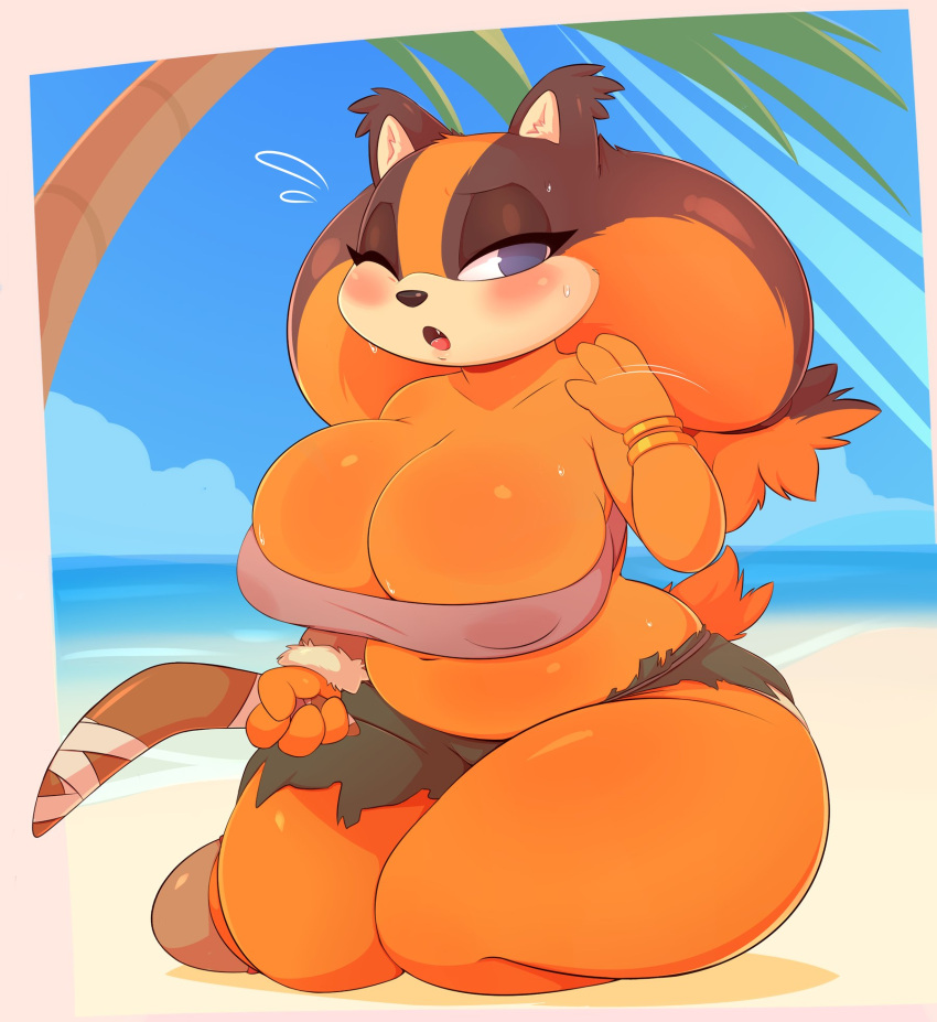 1girls anthro badger beach big_breasts boomerang breasts busty cleavage clothing cloud cracker_(artist) fanning_self female female_only holding_object huge_breasts impossible_opening kneeling large_breasts looking_at_viewer on_knees one_eye_closed sega sitting sky slightly_chubby solo sonic_(series) sonic_boom sonic_the_hedgehog_(series) sticks_the_badger sticks_the_jungle_badger sweat thick_thighs tree wide_hips