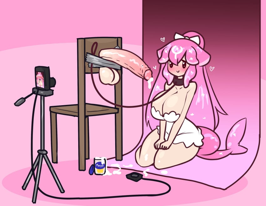 1girls 5_fingers bao_(vtuber) bare_shoulders big_ass big_breasts blush camera chair cleavage collar collar_and_leash comedy deception dildo female full_body funny huge_cock humor indie_virtual_youtuber leashed_collar limebreaker mayonnaise mayonnaise_bottle no_bra no_nose original pink_hair simulated_bukkake smile solo strapless tagme thick_thighs virtual_youtuber whale_girl white_dress yokozuwari