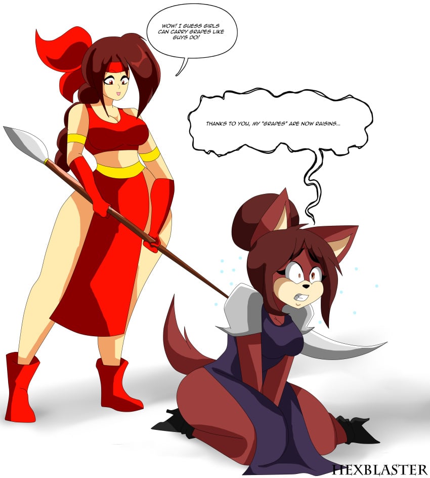 anthro canine crotch_torture cuntbusting english_text furry harassment hexdoodlez human kneeling kneeling_down loincloth opening_treasure original_character painful physical_violence pussy_torture seong_mi-na sonic_(series) sonic_the_hedgehog_(series) soul_calibur speech_bubble text weapon