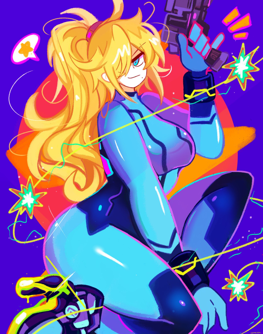 big_breasts bodysuit breasts female frizzy_hair gun homriette metroid samus samus_aran tagme tomboy zero_suit_samus