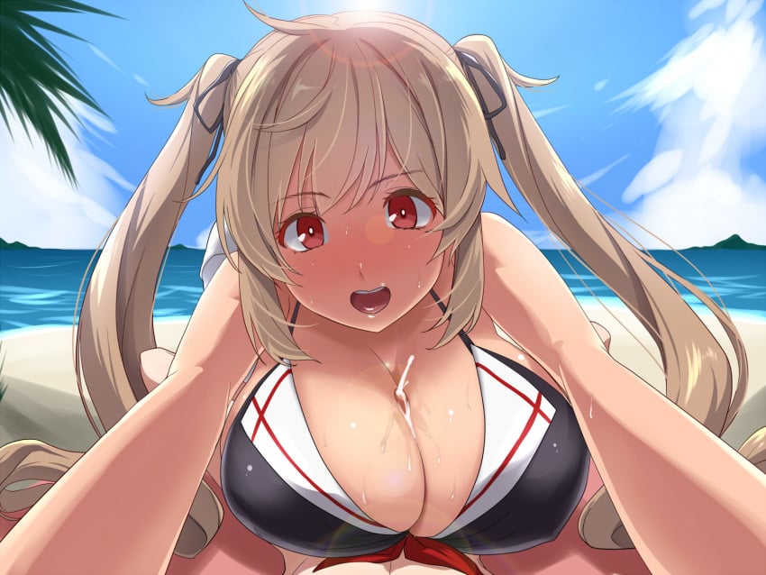 1boy beach blonde_hair breasts cleavage cloud cum cum_on_body cum_on_breasts cum_on_upper_body day ejaculation female foreshortening highres huge_breasts kantai_collection kloah large_breasts lens_flare long_hair looking_at_viewer murasame_(kantai_collection) ocean outdoors paizuri palm_tree penis pov red_eyes sky solo_focus straight tree twintails uncensored