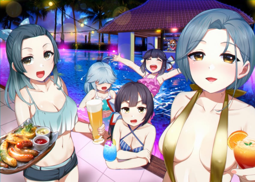 6+girls ahoge akigumo_(kantai_collection) bikini black_hair black_shorts blue_bikini blush bow breasts brown_eyes brown_hair cleavage collarbone cup drink drinking_glass food frilled_bikini frills fruit fujinami_(kantai_collection) grey_hair hairbow hamanami_(kantai_collection) hayanami_(kantai_collection) highres kantai_collection kusaka_souji large_breasts lemon lemon_slice long_hair mole mole_on_neck multiple_girls navel night open_mouth orange_(fruit) orange_slice pink_bikini ponytail pool sausage short_hair short_shorts shorts smile sunglasses suzunami_(kantai_collection) swimsuit tamanami_(kantai_collection) tropical_drink white_bow white_hair yellow_eyes