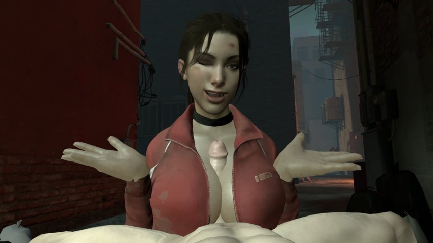 big_breasts breasts choker garry's_mod gmod huge_breasts jacket left_4_dead maskedfreeze paizuri penis red_jacket smiling titjob winking winking_at_viewer zoey_(left_4_dead)