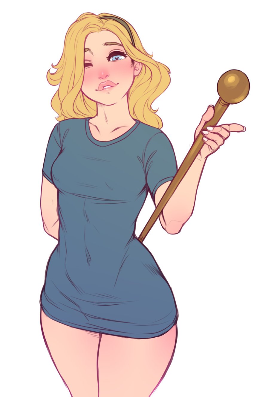 1girls athletic athletic_female biting_own_lip blonde_female blonde_hair female female_only fizzz heart-shaped_pupils hips human league_of_legends looking_at_viewer luxanna_crownguard one_eye_closed shirt_only solo staff wink
