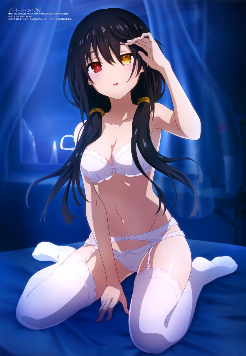 1girls 2021 absurdres black_hair bra breasts cleavage clock_eyes date_a_live female garter_belt heterochromia highres legwear lingerie looking_at_viewer megami_magazine navel no_shoes official_art on_bed open_mouth panties red_eyes scan sitting solo stomach thighhighs tokisaki_kurumi twintails underwear white_bra white_legwear white_panties yellow_eyes