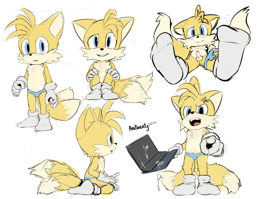 anitwenty annoyed annoyed_expression bulge bulge_through_clothing cub cum gloves kneeling looking_at_viewer pointing_at_viewer small_penis socks sonic_(series) sonic_the_hedgehog_(series) tails tails underwear underwear_around_one_leg underwear_aside underwear_down young