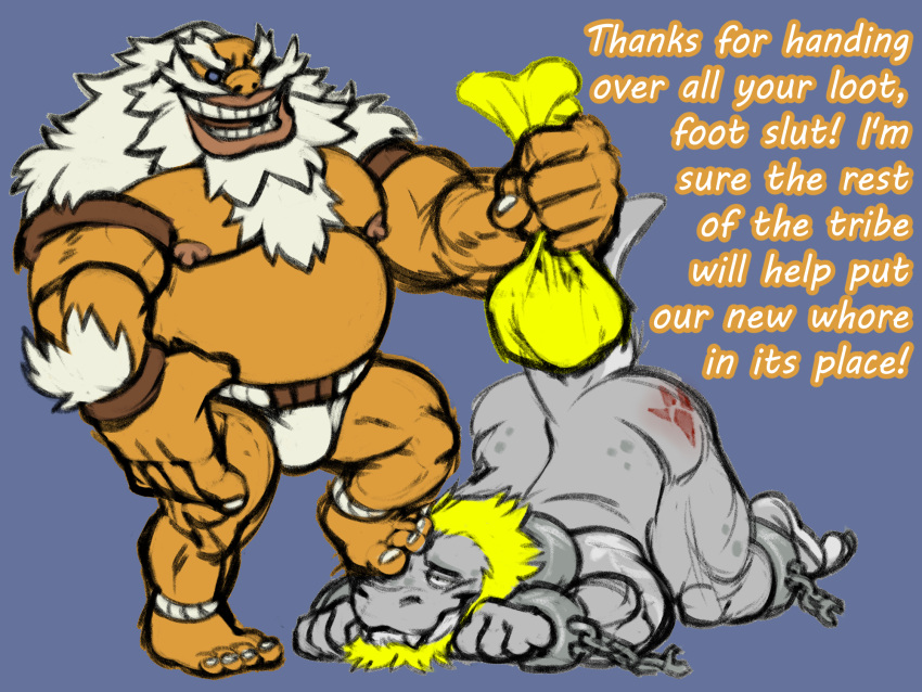 all_fours ambiguous_gender anthro arm_hair ass_up beard blonde_hair body_hair bottomwear branded breath_of_the_wild chest_hair clothing cuff_(restraint) daruk dinosaur duo facial_hair feet fetishame foot_fetish foot_on_face foot_sniffing goron grey_body hair hi_res humanoid light loincloth lord_daruk male nintendo nipples orange_body reptile restraints scalie shackles sniffing stepping_on_face sunlight the_legend_of_zelda theropod tyrannosaurid tyrannosaurus tyrannosaurus_rex video_games white_hair