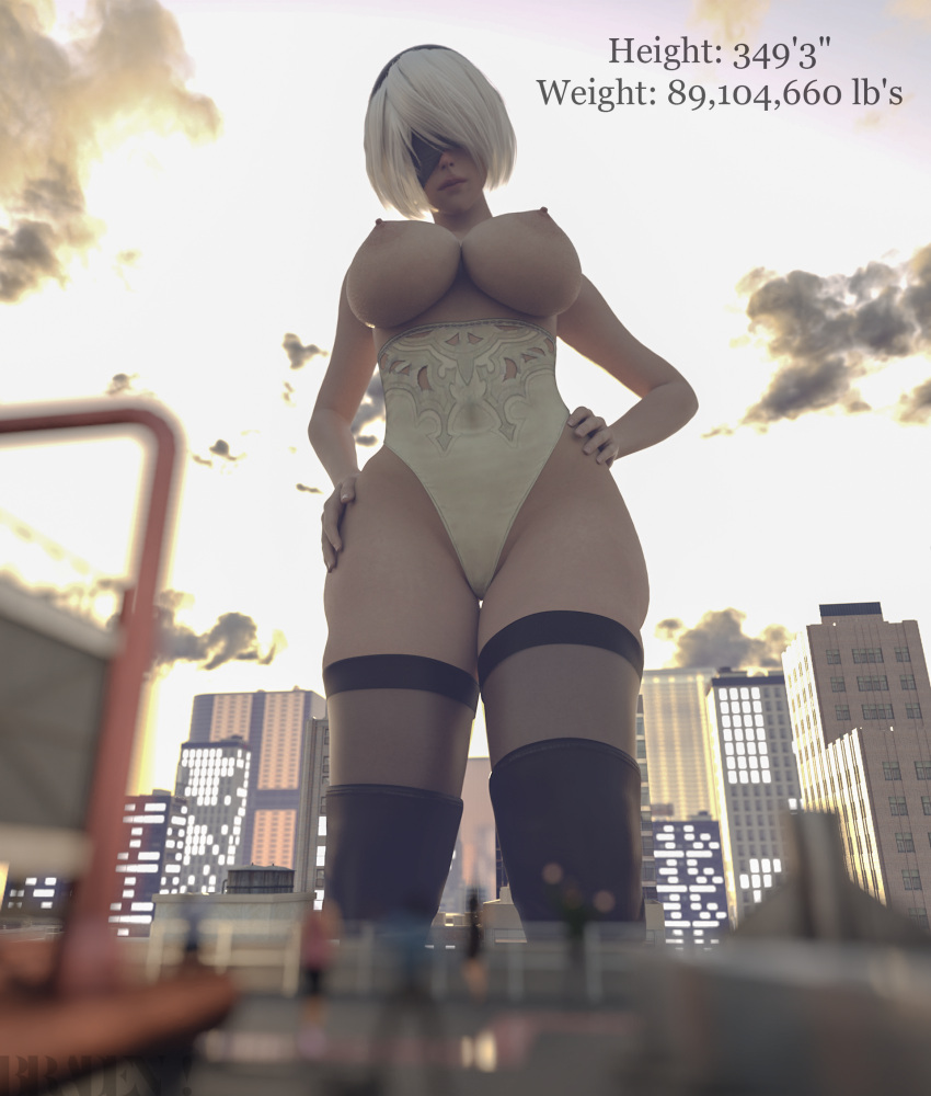 1girls 3d areolae big_breasts blindfold bradengts breasts city expansion female female_only giantess growth hairband huge_breasts light-skinned_female light_skin macro nier nier:_automata nipples short_hair standing text thighhighs topless white_hair yorha_2b