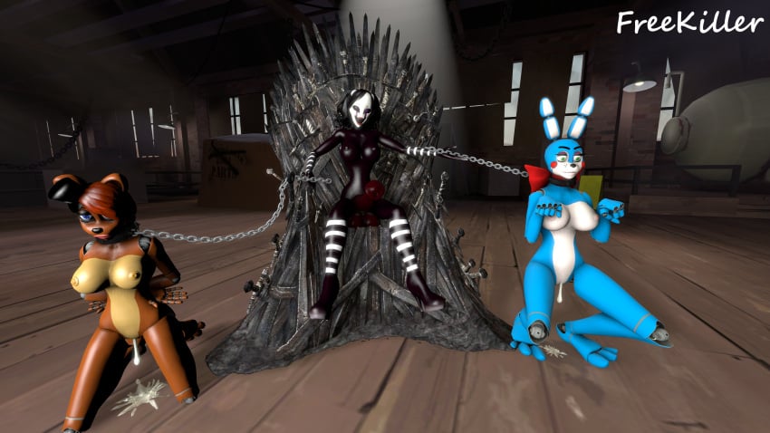 3d bondage bonnie_(fnaf) bunny_pose chained collar cum cum_dripping_out_of_pussy cum_in_pussy erection five_nights_at_freddy's five_nights_at_freddy's_2 freddy_(fnaf) frederika_(fnaf) freekiller futanari kneeling marionette_(fnaf) no_penetration puppet_(fnaf) throne