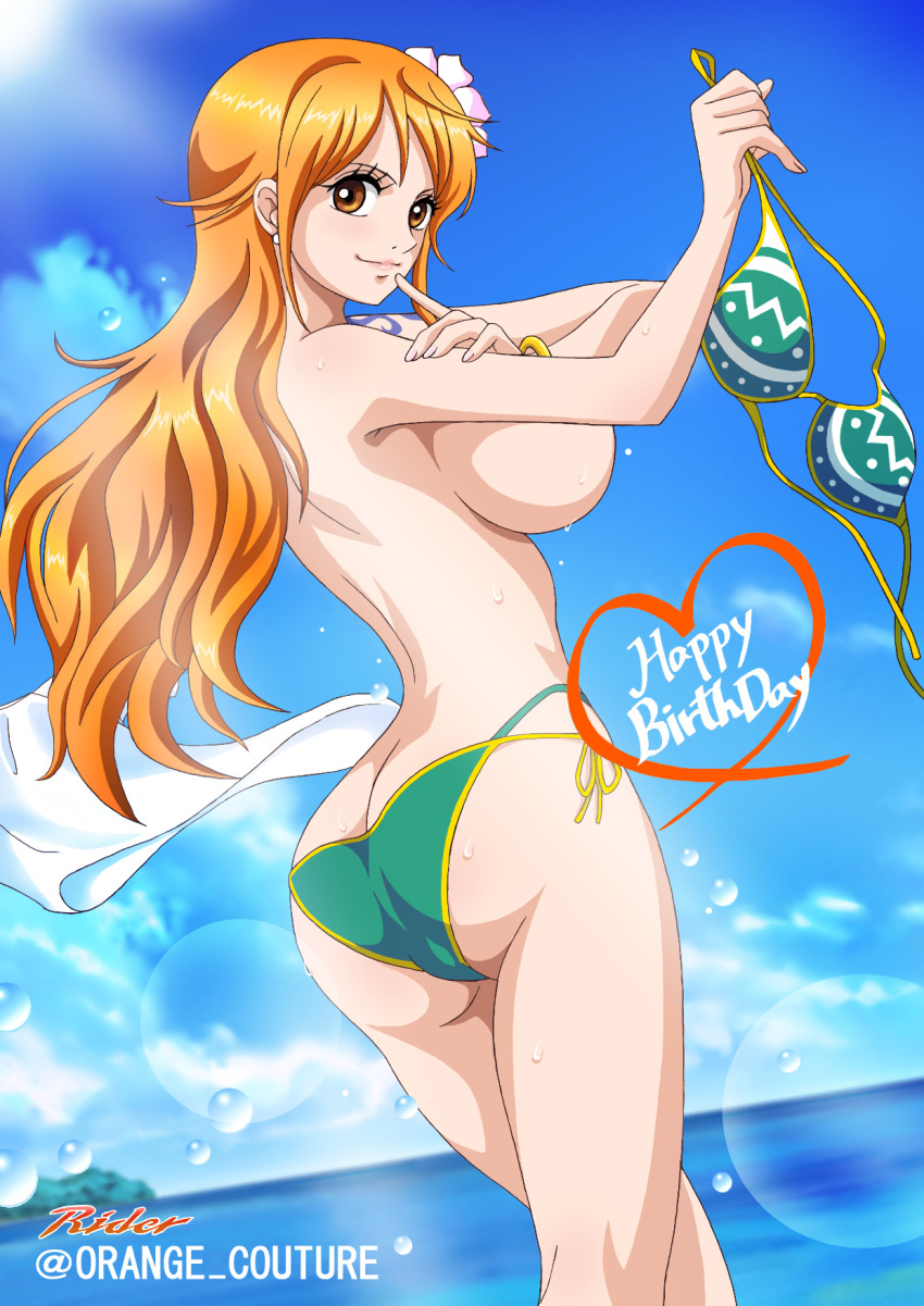 1girls ass big_breasts bikini bikini_top_removed blue_sky breasts brown_eyes curvy dat_ass droplets female female_only flower_in_hair long_hair looking_back nami narrow_waist ocean one_piece orange_hair post-timeskip raida_(j5einmnjp3r49k6) removing_clothing sea shoulder_tattoo sideboob sky slim smile solo tattoo topless water