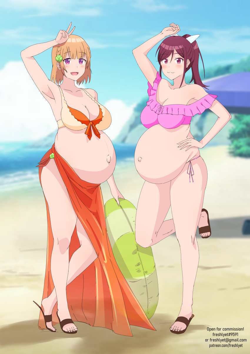 2girls asagi_rena beach beach_umbrella blonde_hair clothed female_only freshlyet happy multiple_girls multiple_pregnancies osananajimi_ga_zettai_ni_makenai_lovecome pregnancy pregnant pregnant_belly pregnant_female purple_eyes rubber_ring shida_kuroha standing standing_position swimsuit thick_ass thick_thighs