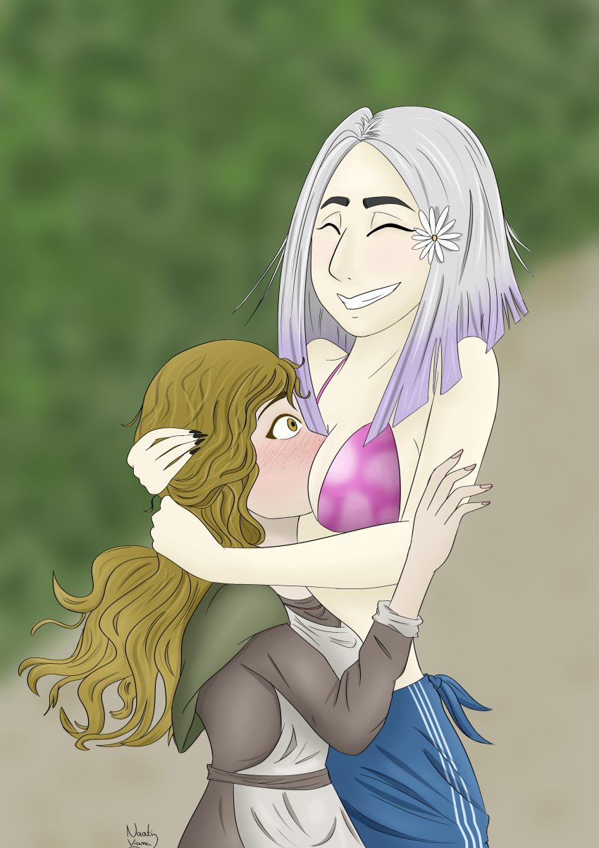 2girls amelie_florence background barbara_lima belly big_breasts bikini bikini_bottom bikini_top blonde_hair breasts brown_eyes clothed digital_media_(artwork) face_in_breasts female female_only flower highres hug long_hair nativianafa o_segredo_na_ilha ordem_paranormal purple_hair short_hair tagme white_hair white_skin yuri