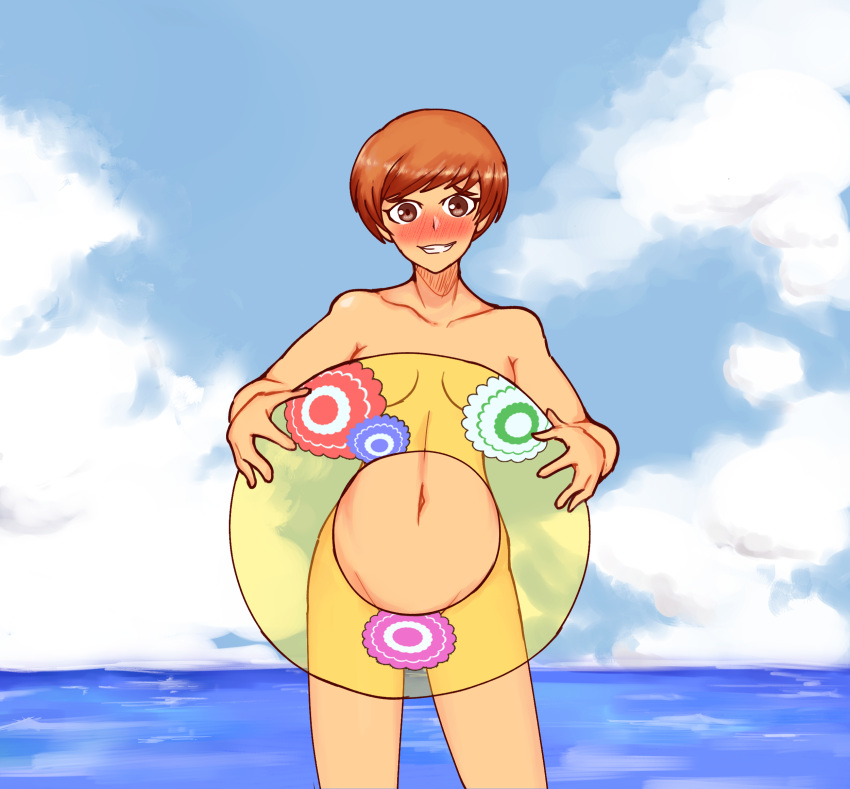 1girls breasts brown_eyes brown_hair carrying_object casual_nudity covering covering_breasts covering_crotch embarrassed_nude_female female_only innertube navel nude nude_female persona persona_4 satonaka_chie short_hair solo tomboy uc-four