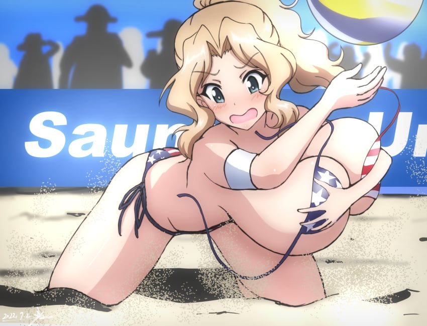 american_flag american_flag_bikini girls_und_panzer huge_breasts kay_(girls_und_panzer) slipping undressing