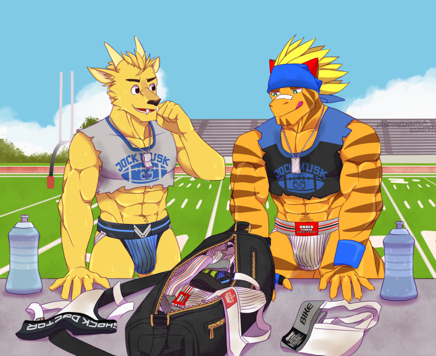 anthro bleachers bodily_fluids cervid cervine clothing crop_top dirty_underwear dj_strap dragon duffel_bag duo fangs football_field fur goalpost hi_res horn jockstrap male male/male mammal mindmechanica muntjac orange_body orange_scales scales shirt steyr sweat text text_on_clothing text_on_topwear topwear underwear water_bottle yellow_body yellow_fur