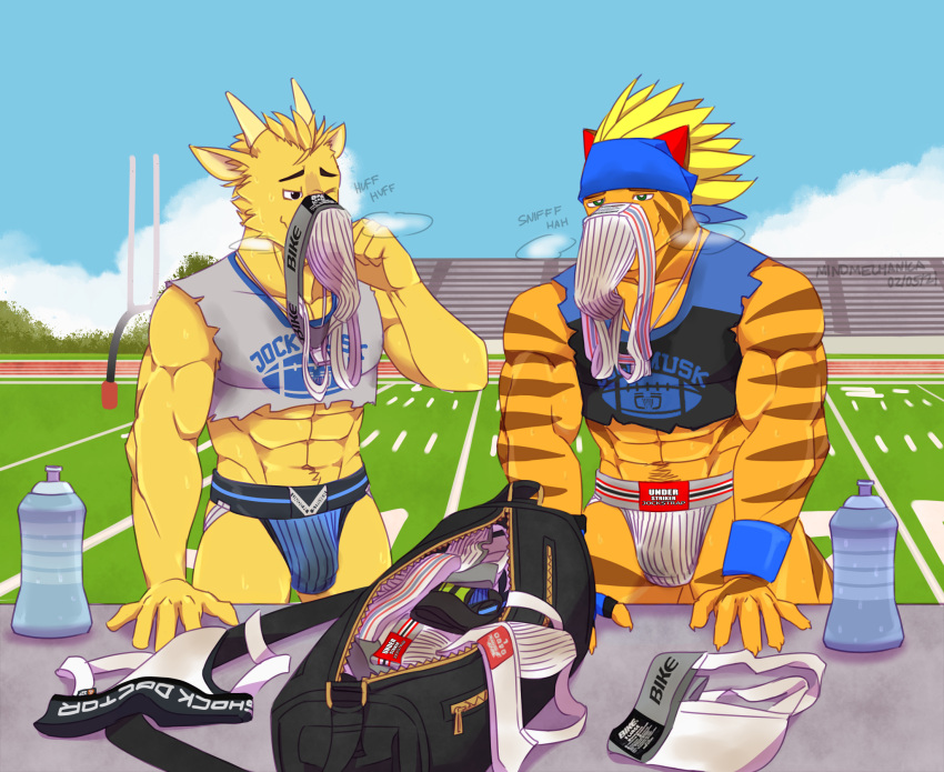 anthro bleachers bodily_fluids cervid cervine clothing crop_top dirty_underwear dj_strap dragon duffel_bag duo fangs football_field fur goalpost hi_res horn jockstrap jockstrap_on_face male male/male mammal mindmechanica muntjac orange_body orange_scales scales shirt sniffing steyr sweat text text_on_clothing text_on_topwear topwear underwear underwear_sniffing water_bottle yellow_body yellow_fur